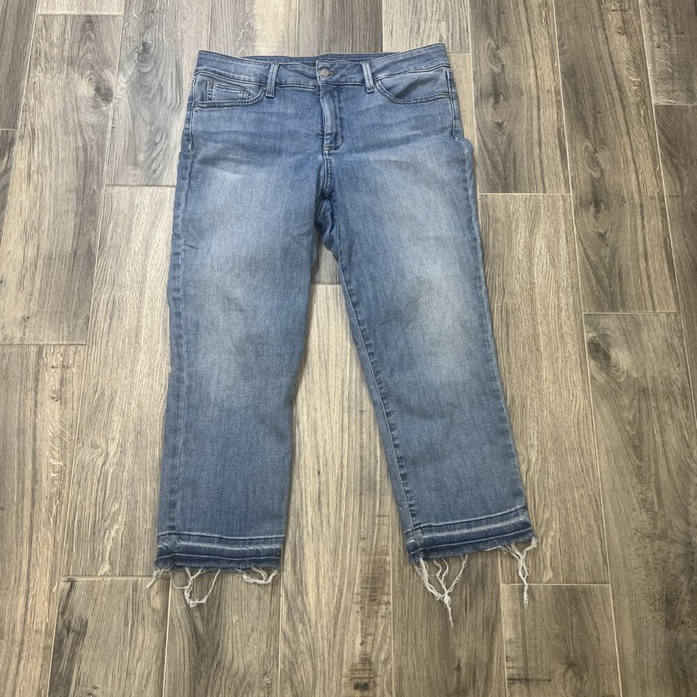 NYDJ Jeans Womens 12 Blue Dayla Liftxtuck Capri High Rise Stretch Denim Frayed